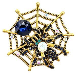 New Halloween Vintage-Inspired Blue Rhinestone Spider Web Brooch Pin
